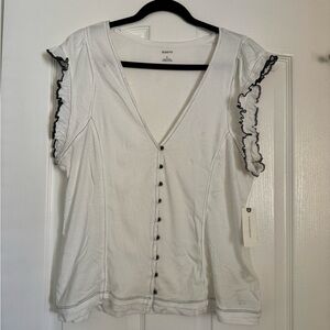 Maeve White V-Neck Button Front Top with Black Trim